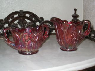 Vintage Imperial Glass Sunset Ruby Carnival Acanthus Sugar And Creamer