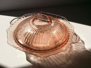 Vintage 1930’s Pink Depression Glass Casserole With Lid Mayfair Open Rose