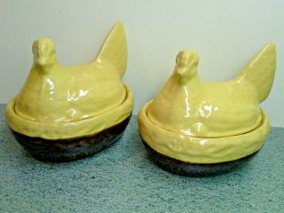 Set Of 2 Vintage Yellow Ware Pottery Hen On Nest Covered Dishes
