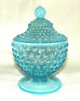 Vintage Aqua Blue Fenton Hobnail Candy Jar With Lid