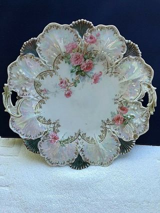Antique Rs Prussia Iridescent Floral Cake Plate 9 - 1/2 " D Pink Roses Red Mark