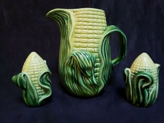 1950s Stanford Pottery Corn Pitcher 513 And Salt Pepper Shakers Sebring Oh Vguc