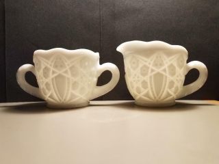 Vintage Mckee Toltec Pattern Milk Glass Creamer And Sugar Bowl Set
