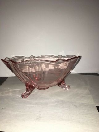 Vintage Pink Depression Glass 3 - Footed Bowl Etched Flowers
