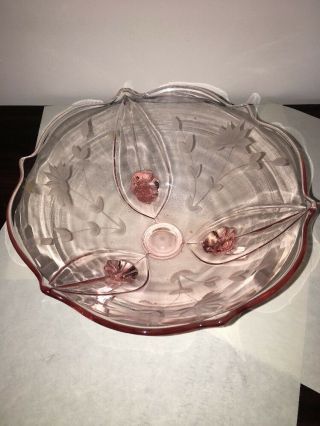 Vintage Pink Depression Glass 3 - Footed Bowl Etched Flowers 3