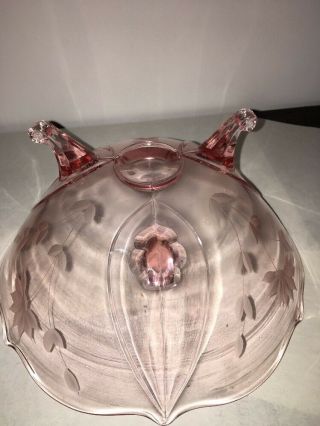 Vintage Pink Depression Glass 3 - Footed Bowl Etched Flowers 4