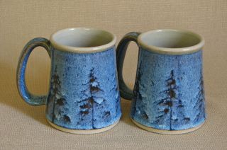 Potterybydave - Set Of 2 - Tapered Mugs - Blue With Pine Trees
