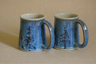 potterybydave - SET of 2 - TAPERED MUGS - Blue with Pine Trees 3