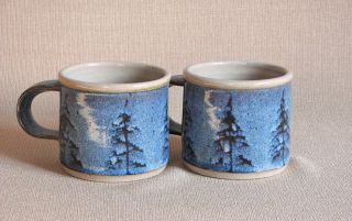 Potterybydave - 2 Camp Mugs - Blue Pine Tree Design