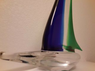 Murano Hand - Blown Art Glass 12 " Sailboat Sculpture Royal Blue And Emerald Green