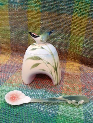 Franz Porcelain Bamboo Songbird Sugar Bowl And Orchid Flower Spoon