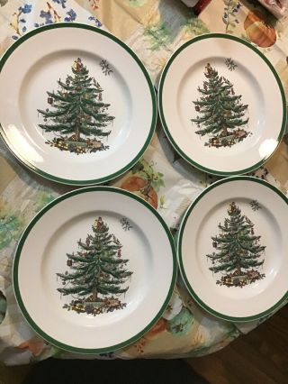 (4) Spode Christmas Tree Dinner Plates S3324 - England) Green Trim