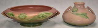 Vintage Roseville Pottery Thornapple Pink Console Bowl 308 - 7 And Vase 808 - 4