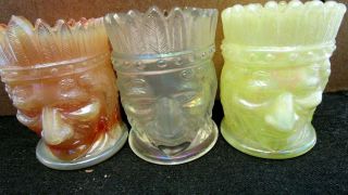 3 Joe St Clair Carnival Glass Indian Head Toothpick Holders White Yellow & Brown