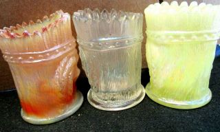 3 Joe St Clair carnival Glass Indian Head Toothpick Holders white yellow & brown 2
