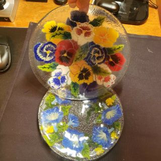 Peggy Karr Fused Art Glass Pansies 8 1/2 " Bowl With Plate & Box