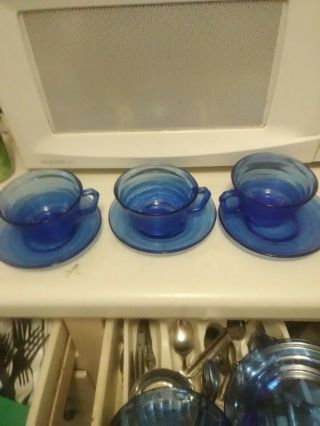 7 Hazel Atlas Cobalt Blue Depression Glass Moderntone Cups & Saucers
