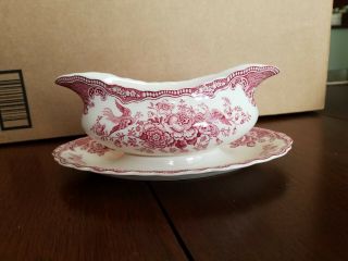 Vintage Bristol Pink Crown Ducal Gravy Boat With Attached Underplate