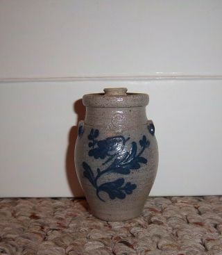 Miniature Rowe Pottery Butter Churn Painted Blue Design