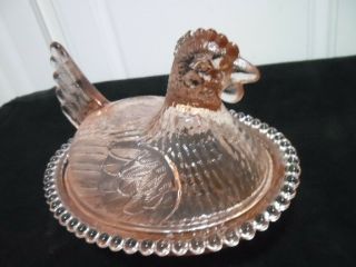 Vintage Indiana Glass Pastel Pink Hen - On - Nest Covered Dish