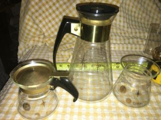 3 Vtg Pyrex Clear Gold Atomic Starburst Design Coffee Tea Carafe Pitcher Syrup