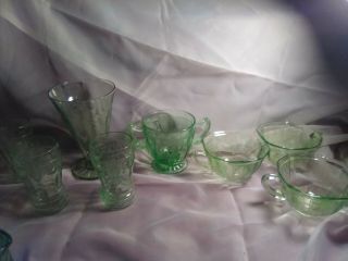 Green Depression Glass Princess Pattern Tea & Juice Glasses Square Cup & Creamer