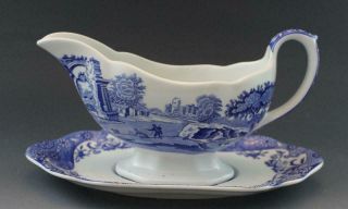 Spode Blue Italian Sauce Gravy Boat & Under Plate Vintage English Porcelain