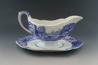 Spode Blue Italian Sauce Gravy Boat & Under Plate Vintage English Porcelain 2