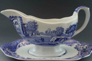 Spode Blue Italian Sauce Gravy Boat & Under Plate Vintage English Porcelain 4