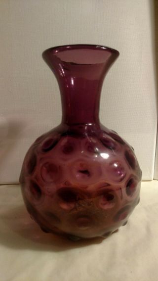 Vintage Glass Art Hand Blown Purple Vase,  Vintage Amethyst Hobnail Bud Vase,