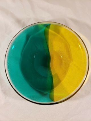 Vintage Murano Art Glass Yellow And Green Shallow Bowl Heavy