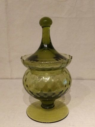 Mid Century Empoli Murano Italy Green Glass Covered Candy Dish Quilted Diamond