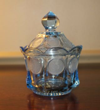Vintage Fostoria Blue Coin Glass Sugar Bowl With Lid