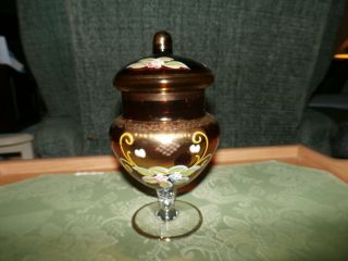 Vintage Czech Bohemian Glass Lidded Candy Dish Amber Gold With Flowers
