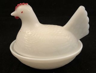 Vtg Chicken Hen On Nest Basket Milk Glass Lidded Candy Dish Anchor Hocking