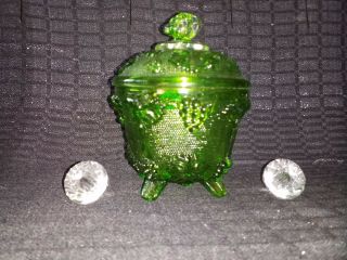 Jeannette Glass Green Footed Candy Dish,  Grape Vine Pattern