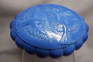 Vintage Schlevogt Bohemian Art Glass Blue Malachite Doves Oval Powder Box & Lid