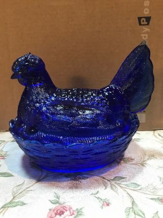 Westmoreland Cobalt Blue Glass Chicken Hen On The Nest Covered Candy Dish