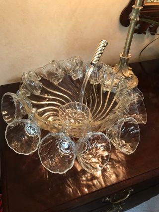Vintage Colonial Crystal Punchbowl Set With 12 Cups And Ladle