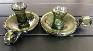 Pair (2) Vintage Green Art Glass Candlesticks Candle Holders With Handles