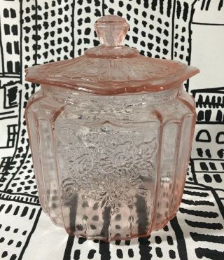Vintage Pink Depression Glass Biscuit Cookie Jar W/lid Floral Pattern 7.  25 " X5.  5 "