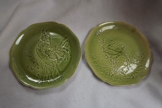 2 Antique French Majolica Choisy Terre De Fer Hb & Cie Chicken & Rooster Plates