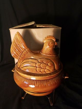 Vtg California Usa Pottery Ceramic Chicken Casserole Tureen Warmer Chafer W/box