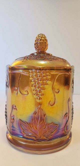 Vintage " Indiana " Iridescent Marigold Carnival Glass Candy Dish W/lid