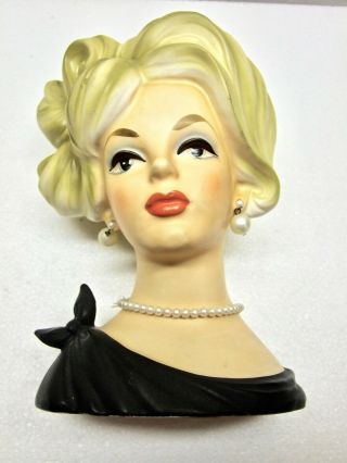Vintage Napcoware Lady Head Vase: Blonde Hair,  Black Dress,  Pearls C7294.