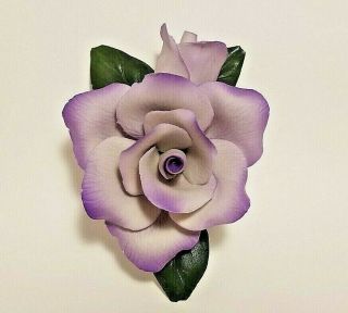 Vintage Capodimonte Fabar Italian Porcelain Purple Rose With Bud Flower Figurine