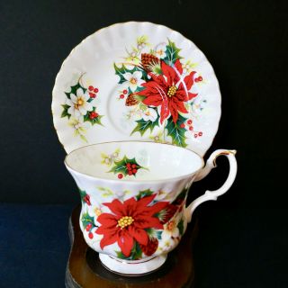 Royal Albert Poinsettia Tea Cup Saucer Christmas Red Floral Footed Gold Vintage