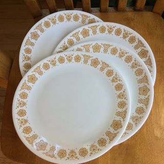 Corelle Gold Butterfly Dinner Plates 10 1/4 " Corning Living Ware Usa Set Of 4