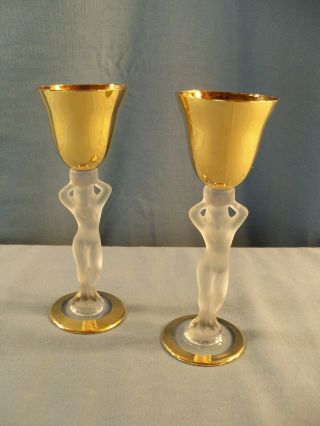 2 Vintage Bayel Cordial Glasses Goblets Gold With Frosted Female Nude Stem