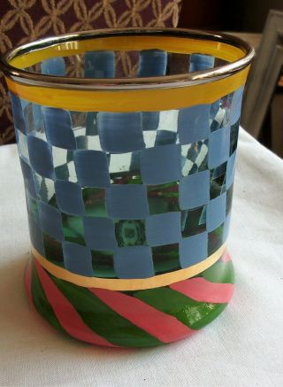 Mackenzie Childs Hand Painted Glass Old Fashioned Tumbler Glass Blue Check
